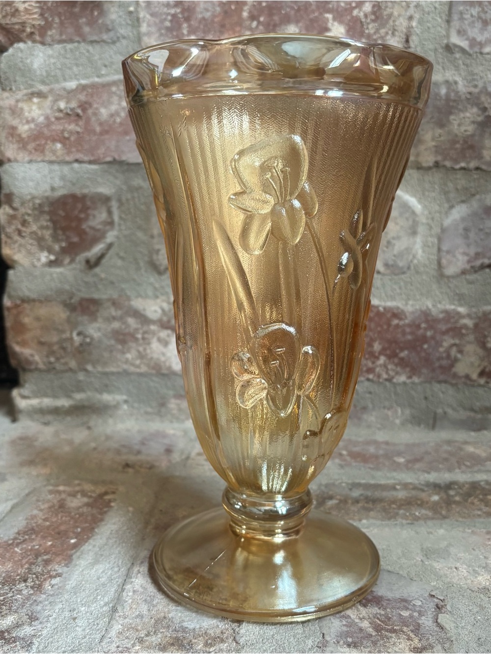 Jeanette Glass vase in the Iris & Herringbone pattern Vase - marigold color